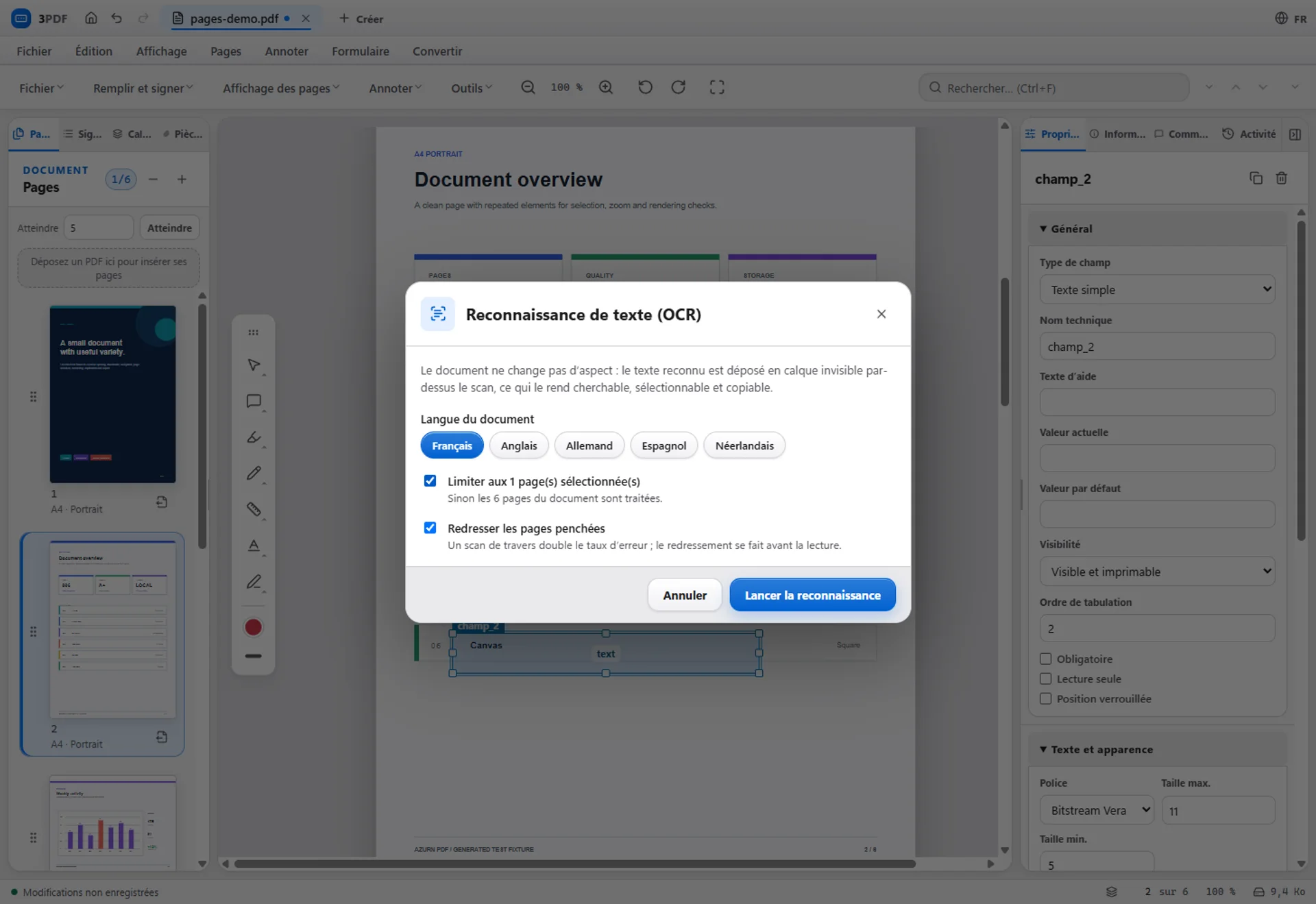 The 3PDF text recognition dialog with language choice and deskew