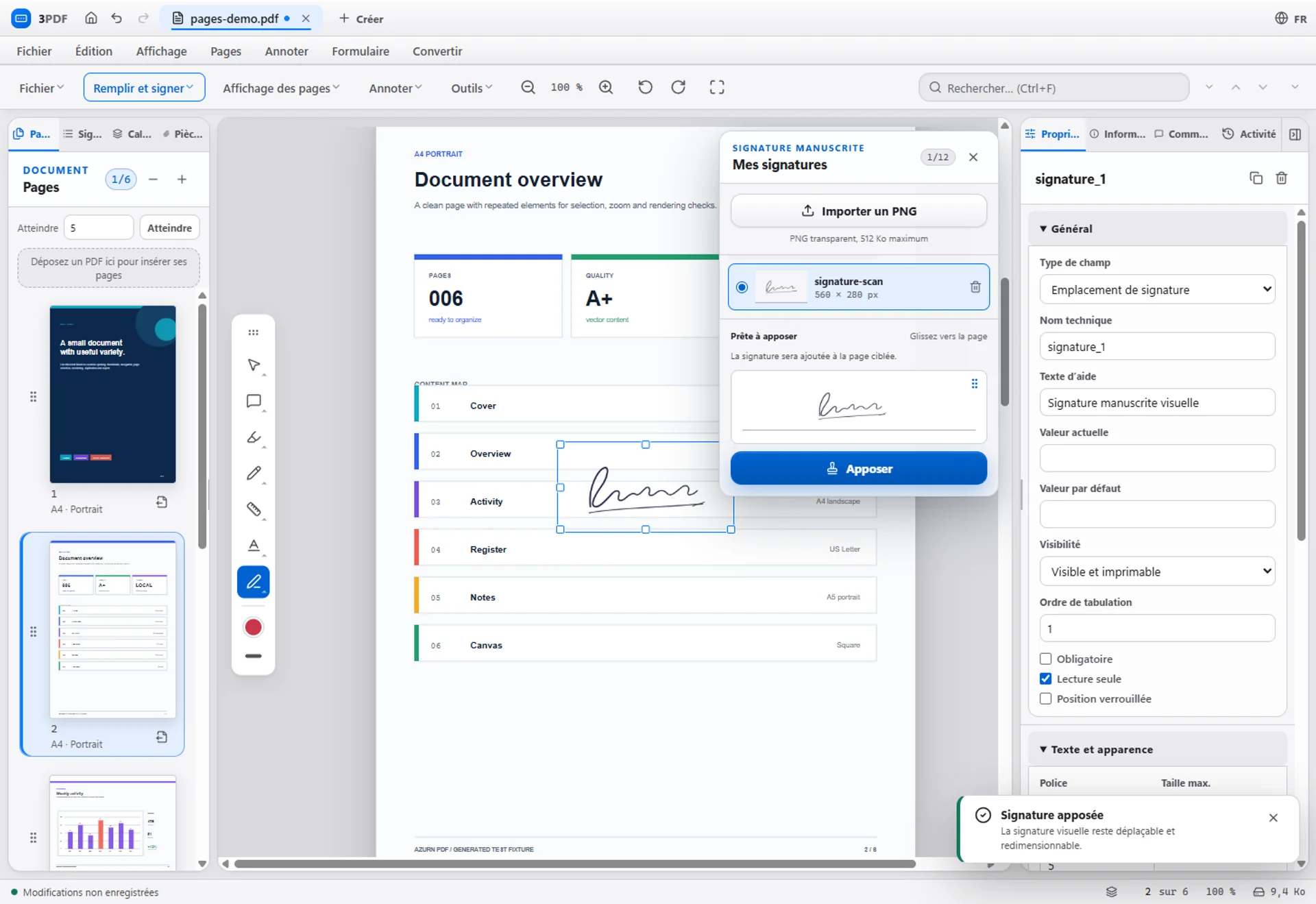 A selected visual signature on a PDF in 3PDF, with the signature library open.